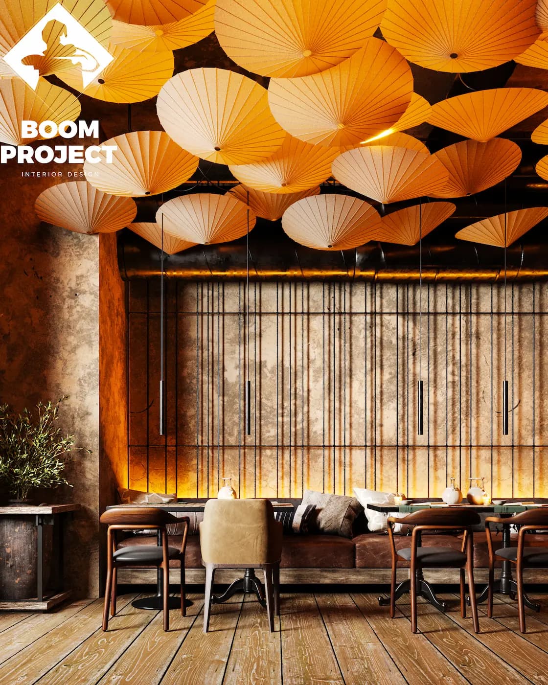 Restaurant seating beneath large circular amber ceiling panels