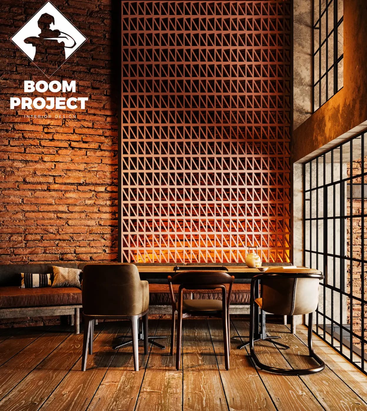 Dining room divided by tall semi-transparent metal screens