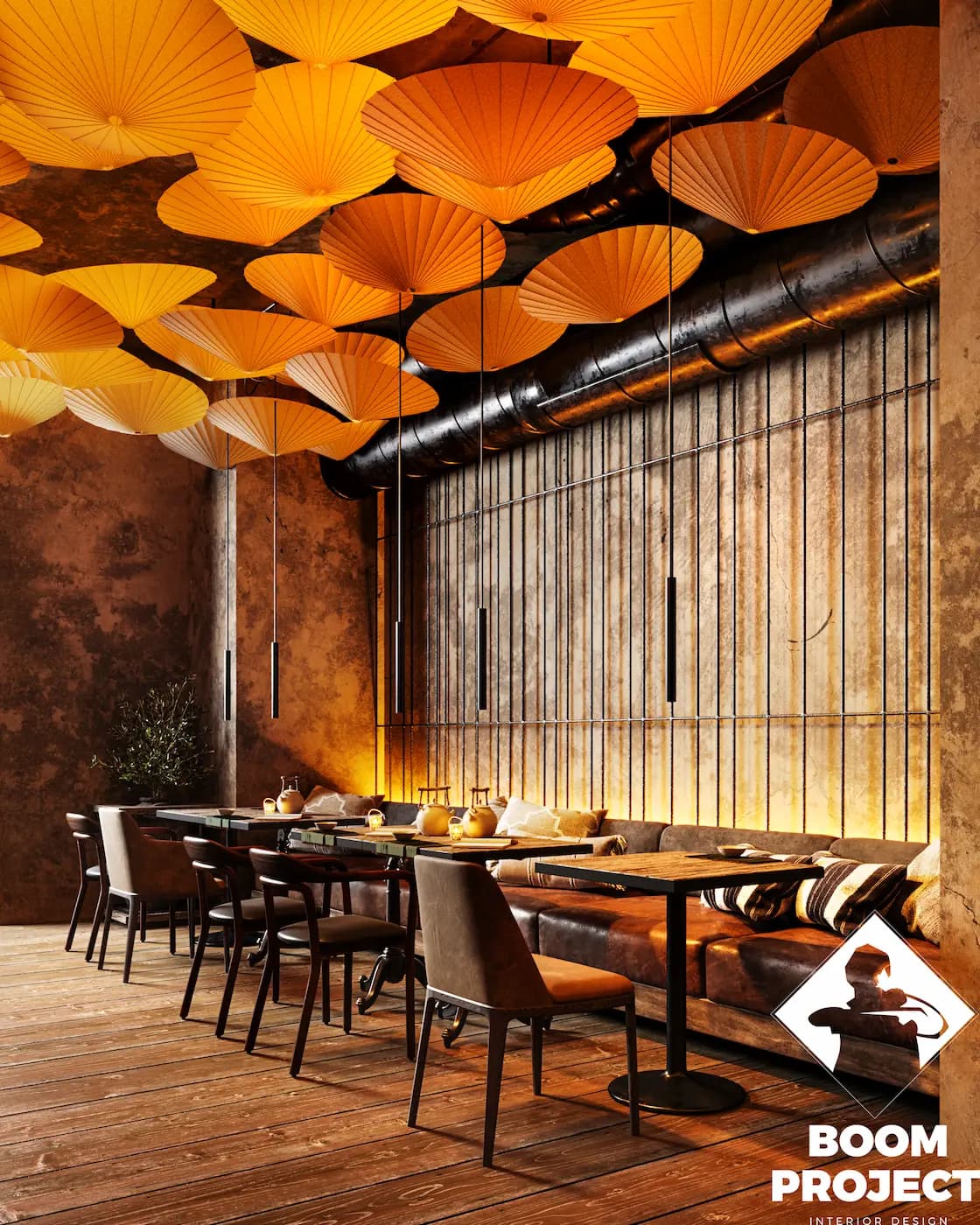 Tables and banquettes beneath glowing circular ceiling features