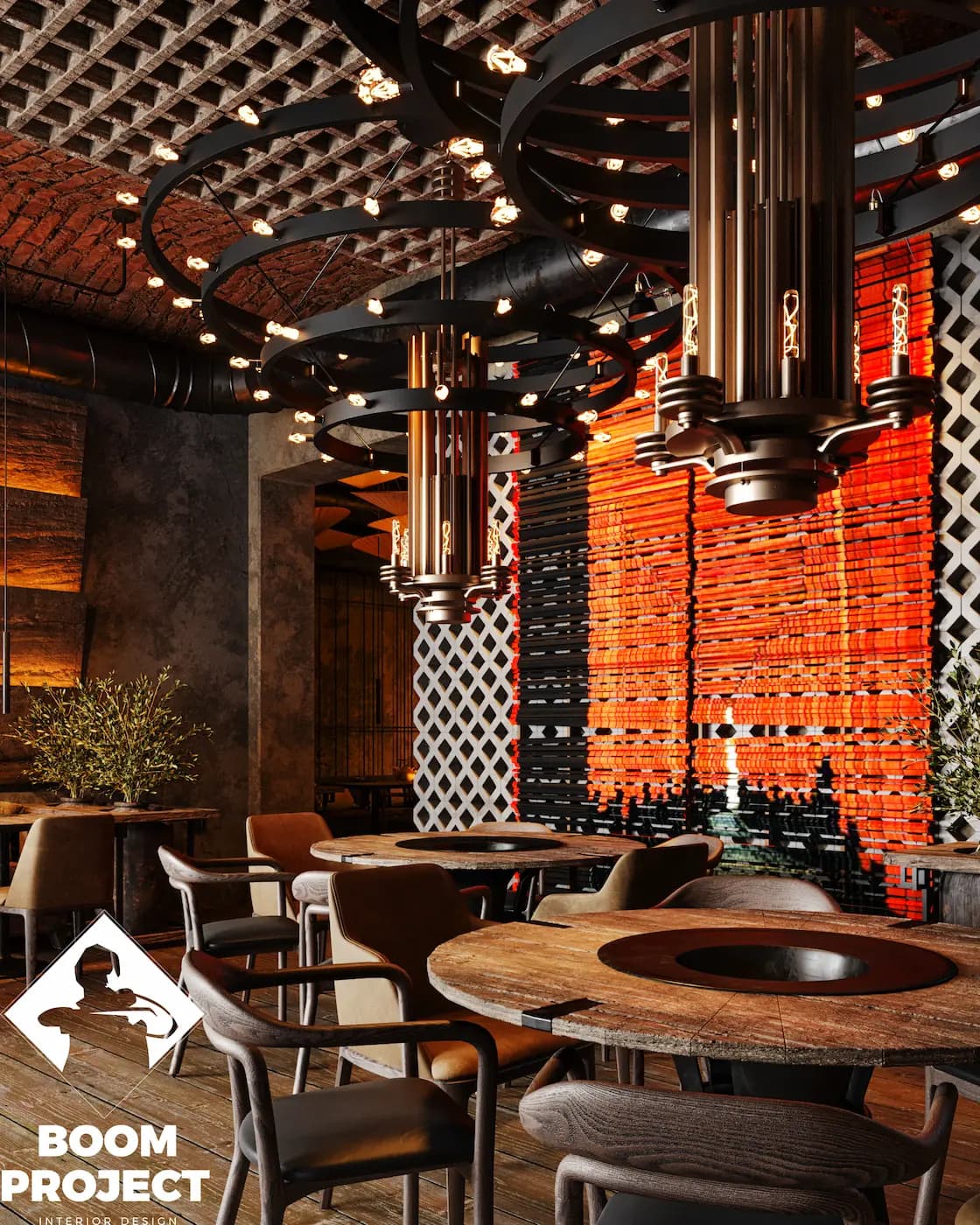 Dining space with red artwork and layered decorative lighting