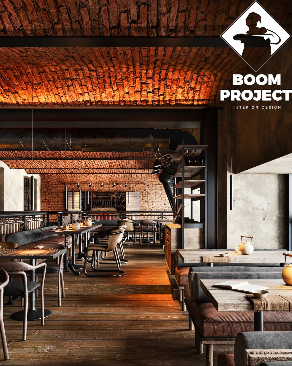 Open restaurant interior with timber tables and Japanese details