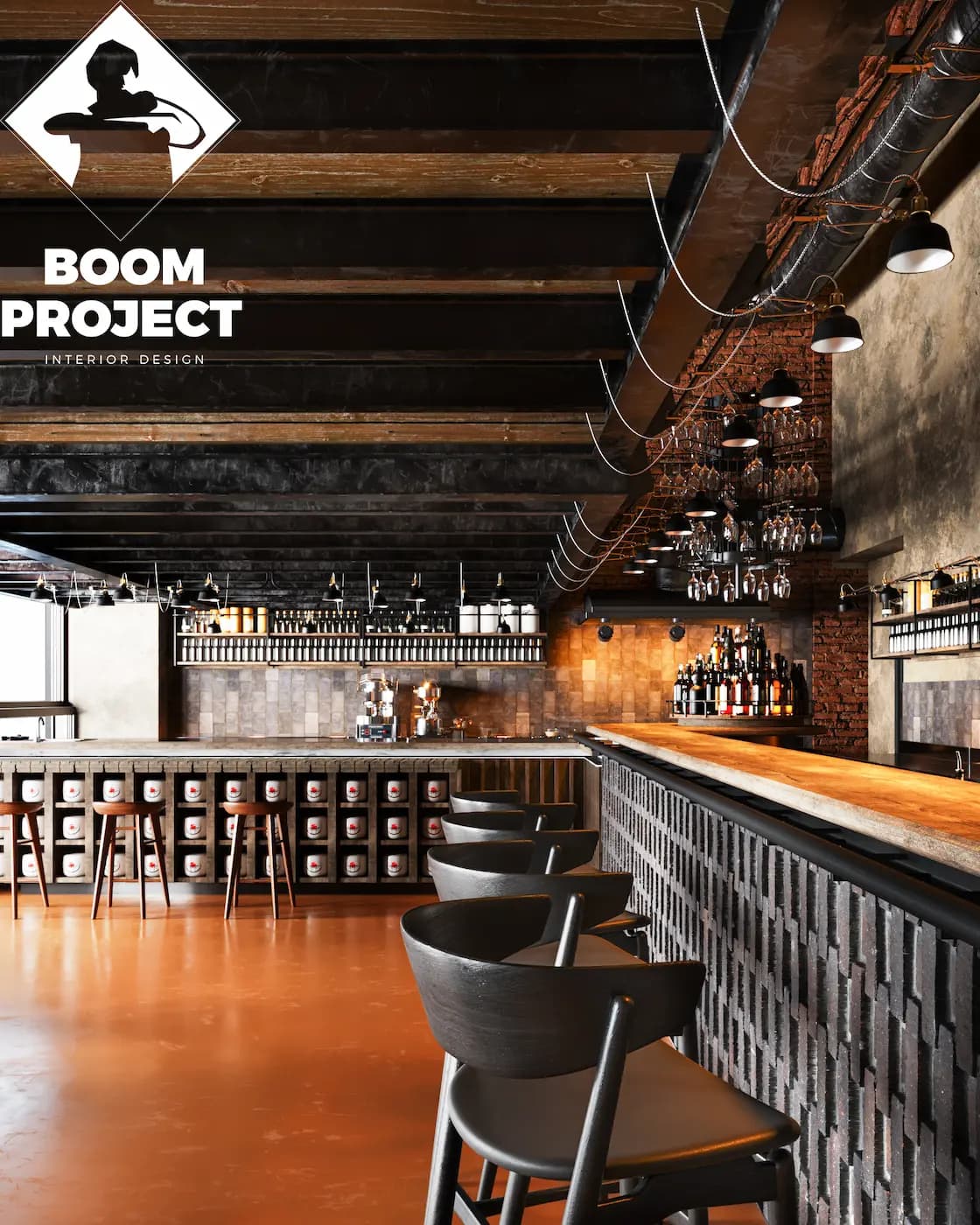 Central bar counter surrounded by timber seating and red accents