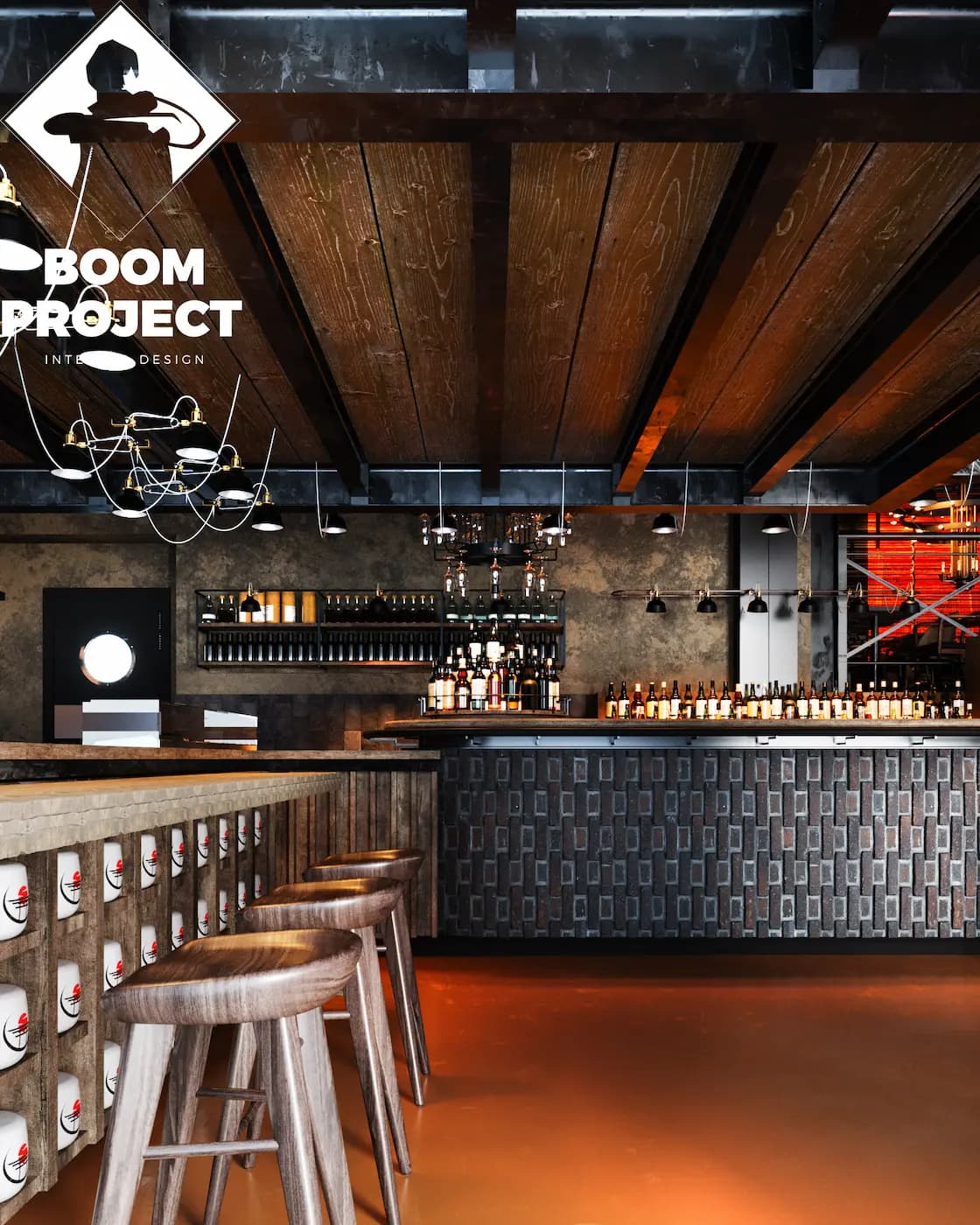 Funky Izakaya bar with illuminated shelving and metal detailing