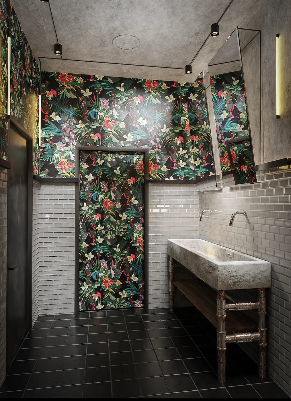 Restroom vanity beneath a vivid illuminated floral ceiling