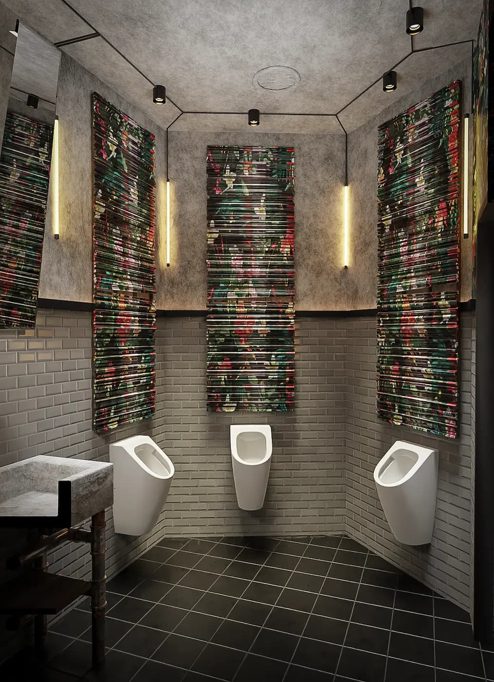 Restroom interior with mirrored surfaces and floral ceiling artwork