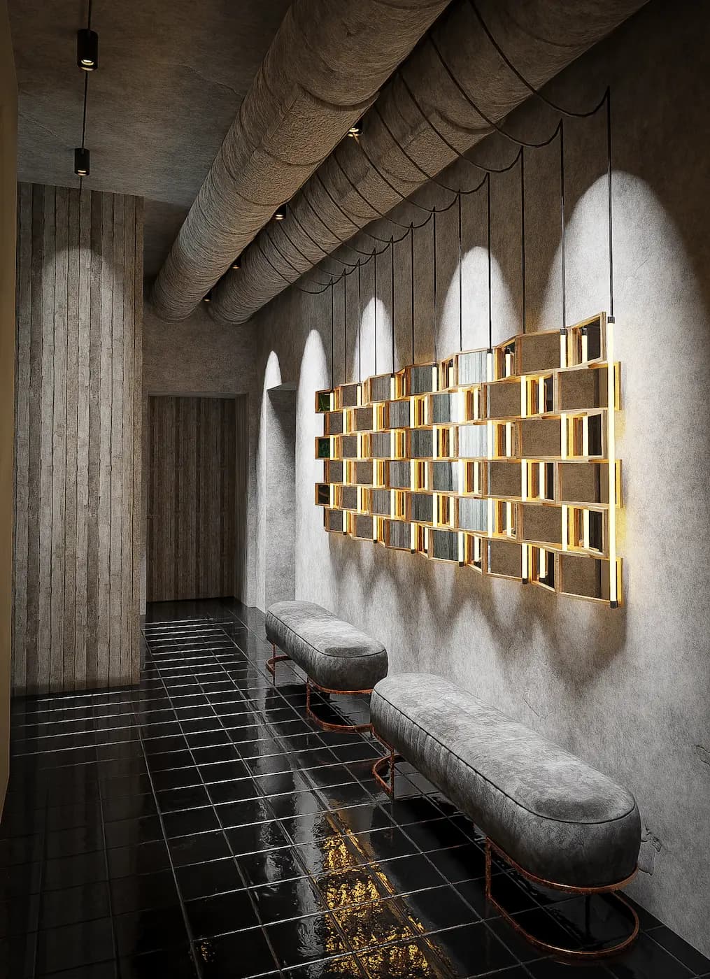 Washbasin area with gold-framed mirrors and decorative lighting