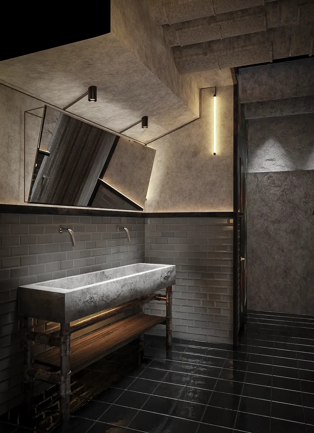 Grey stone vanity with an integrated basin and circular mirror