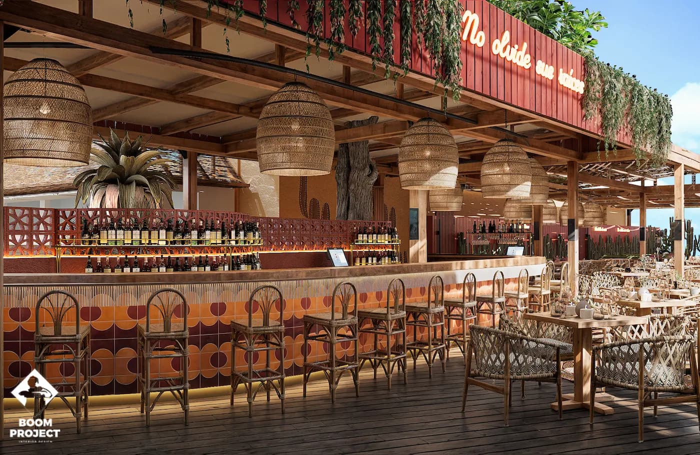 Central bar at Gala Marbella with handcrafted timber details and decorative lighting