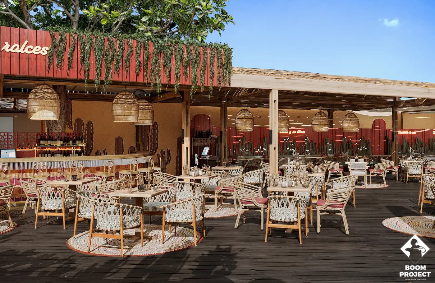 Exterior view of the open-air restaurant and shaded dining terrace