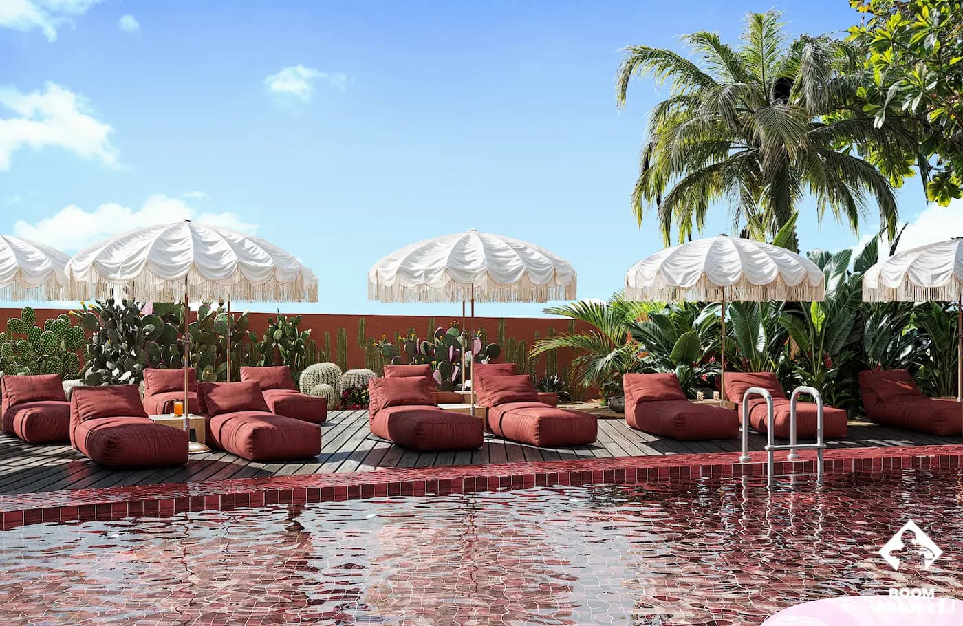Poolside lounge with red seating, patterned rugs and white parasols