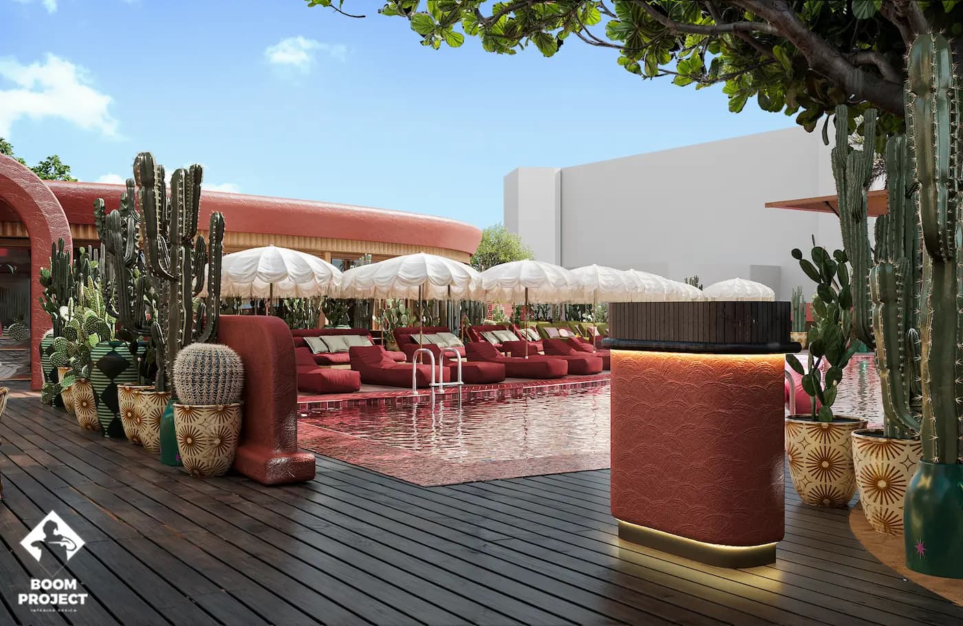 Curved outdoor banquette with red upholstery and patterned cushions
