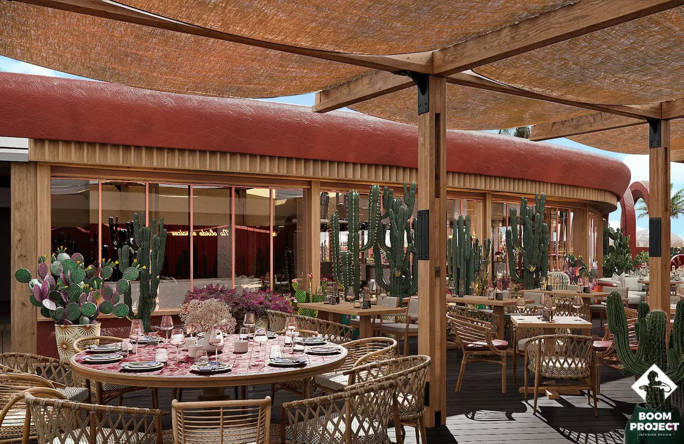 Open-air dining terrace with patterned furniture and timber decking