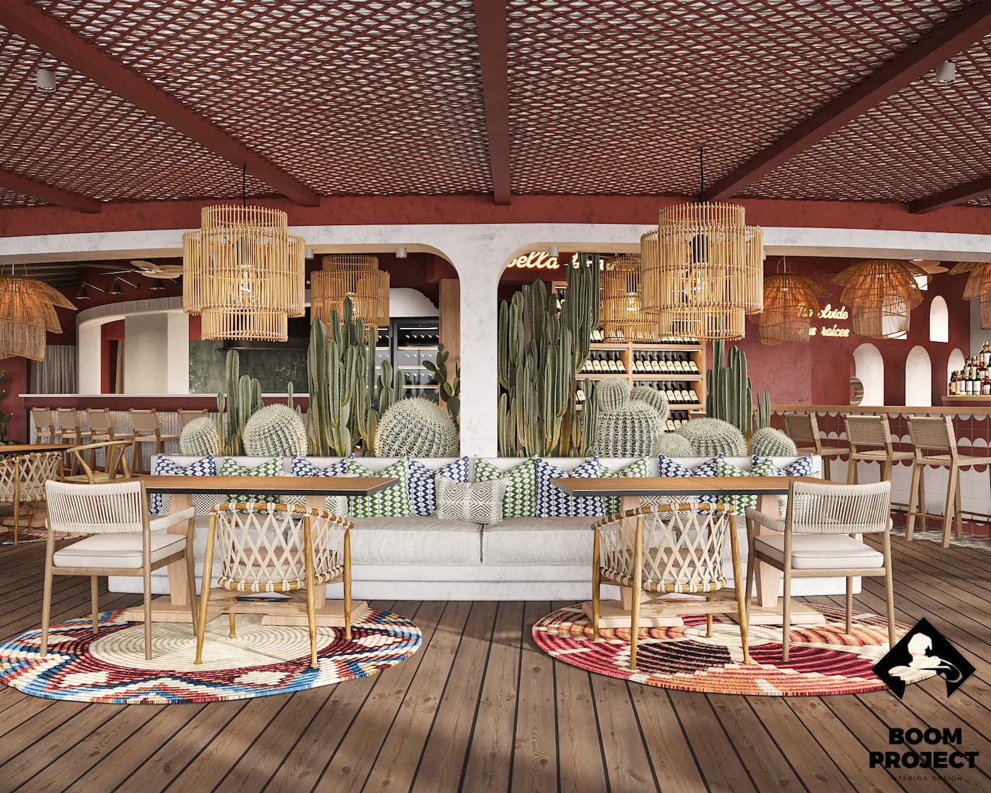 Curved bar counter with pale stools beneath a geometric woven canopy