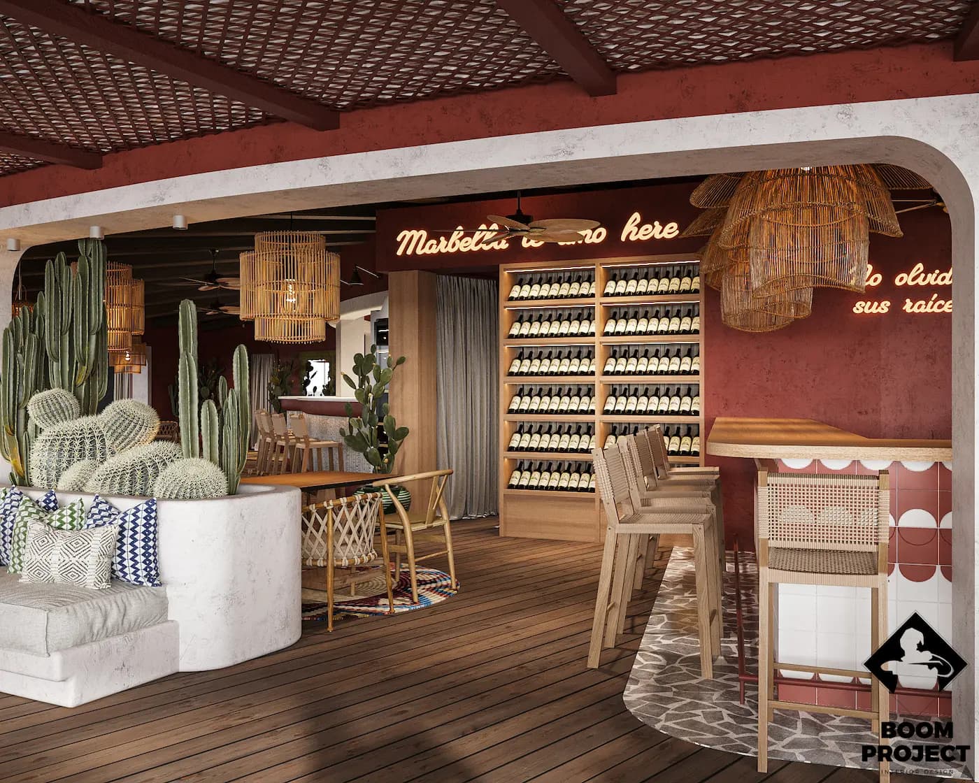 Covered bar and dining area with timber structure and warm lighting