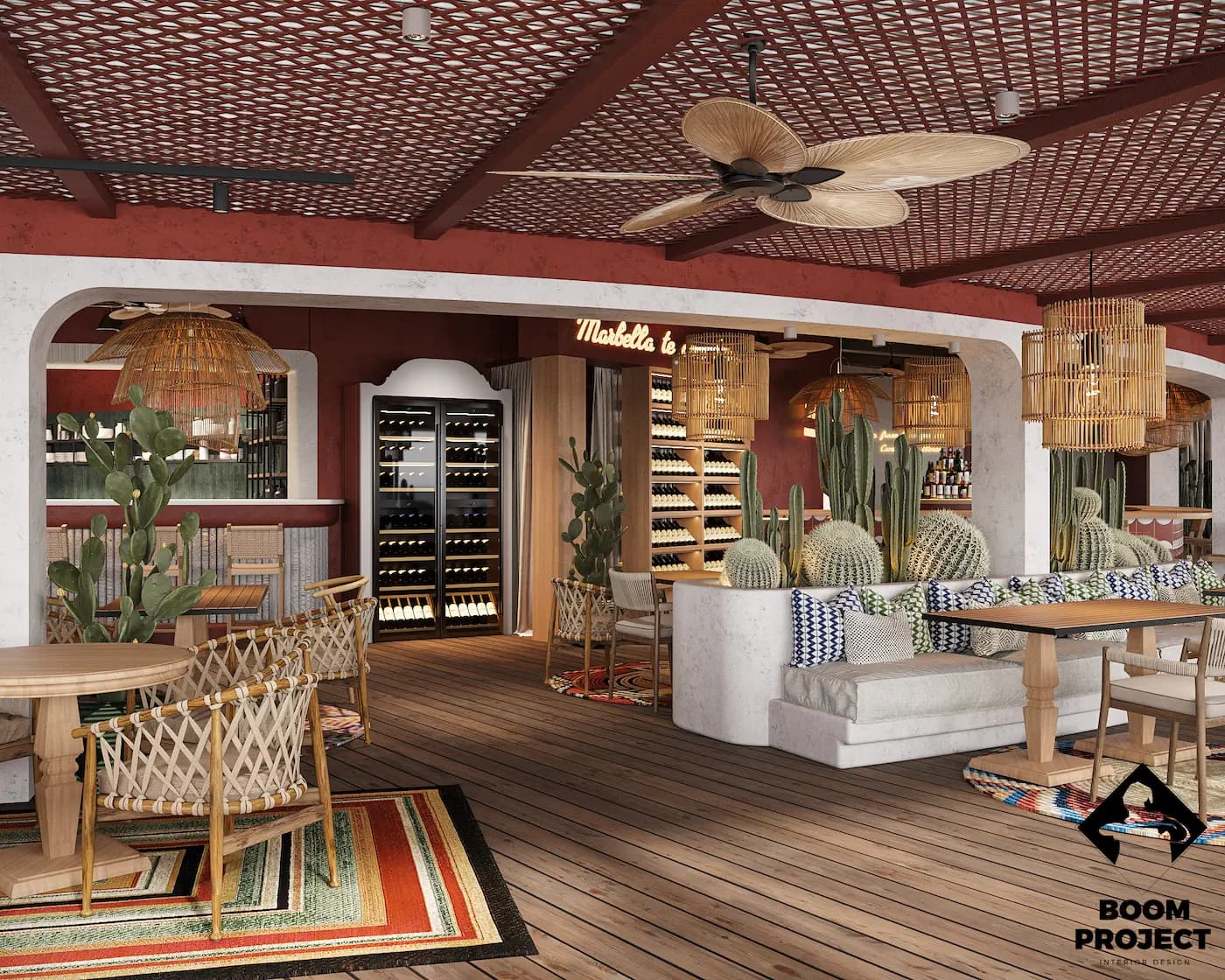 Open restaurant facade with woven furniture and decorative planting