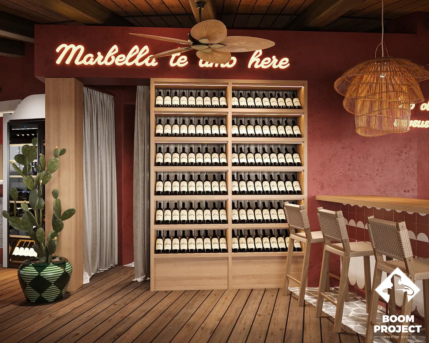 Back bar with illuminated bottle shelving and handcrafted detailing