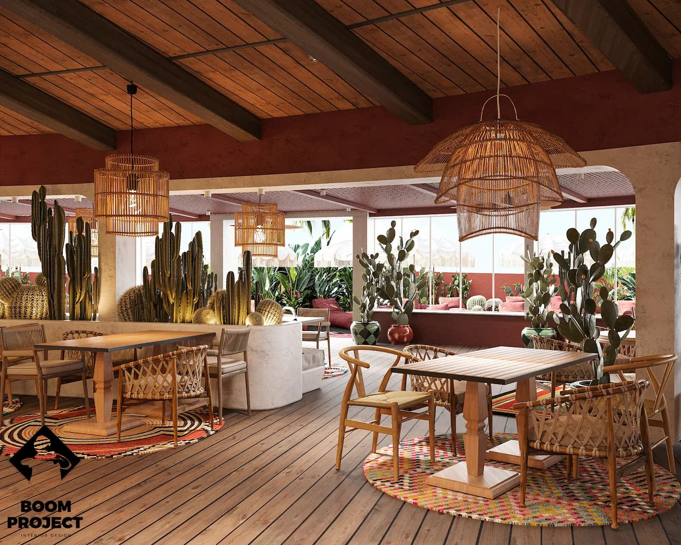 Dining terrace with timber tables beneath a patterned shade structure