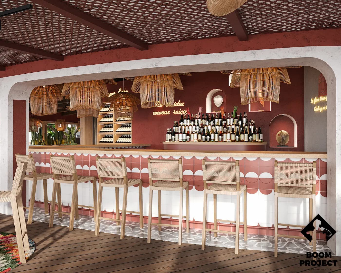 Long bar counter with pale stools and woven pendant lights