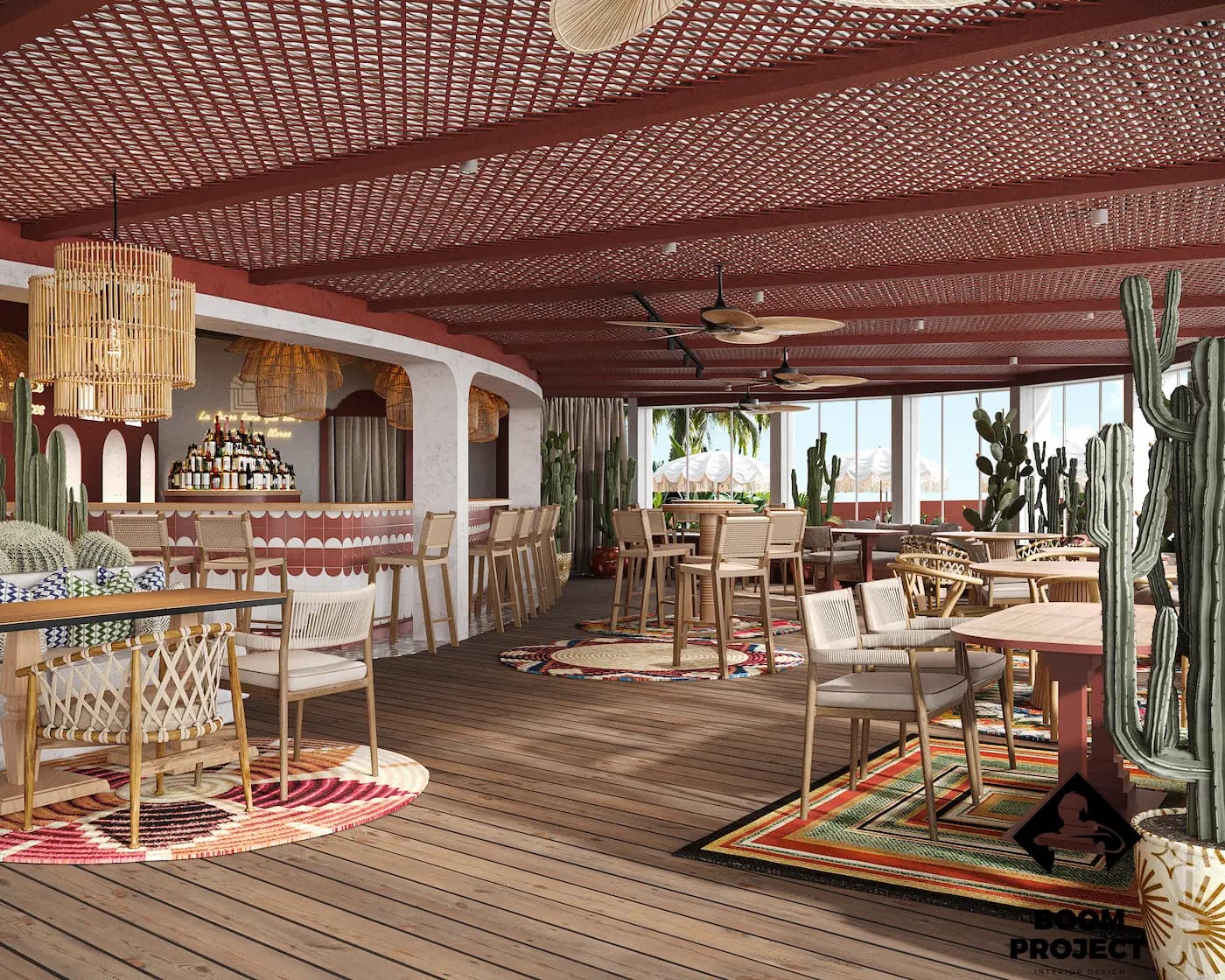 Restaurant terrace with patterned floor and layered seating areas