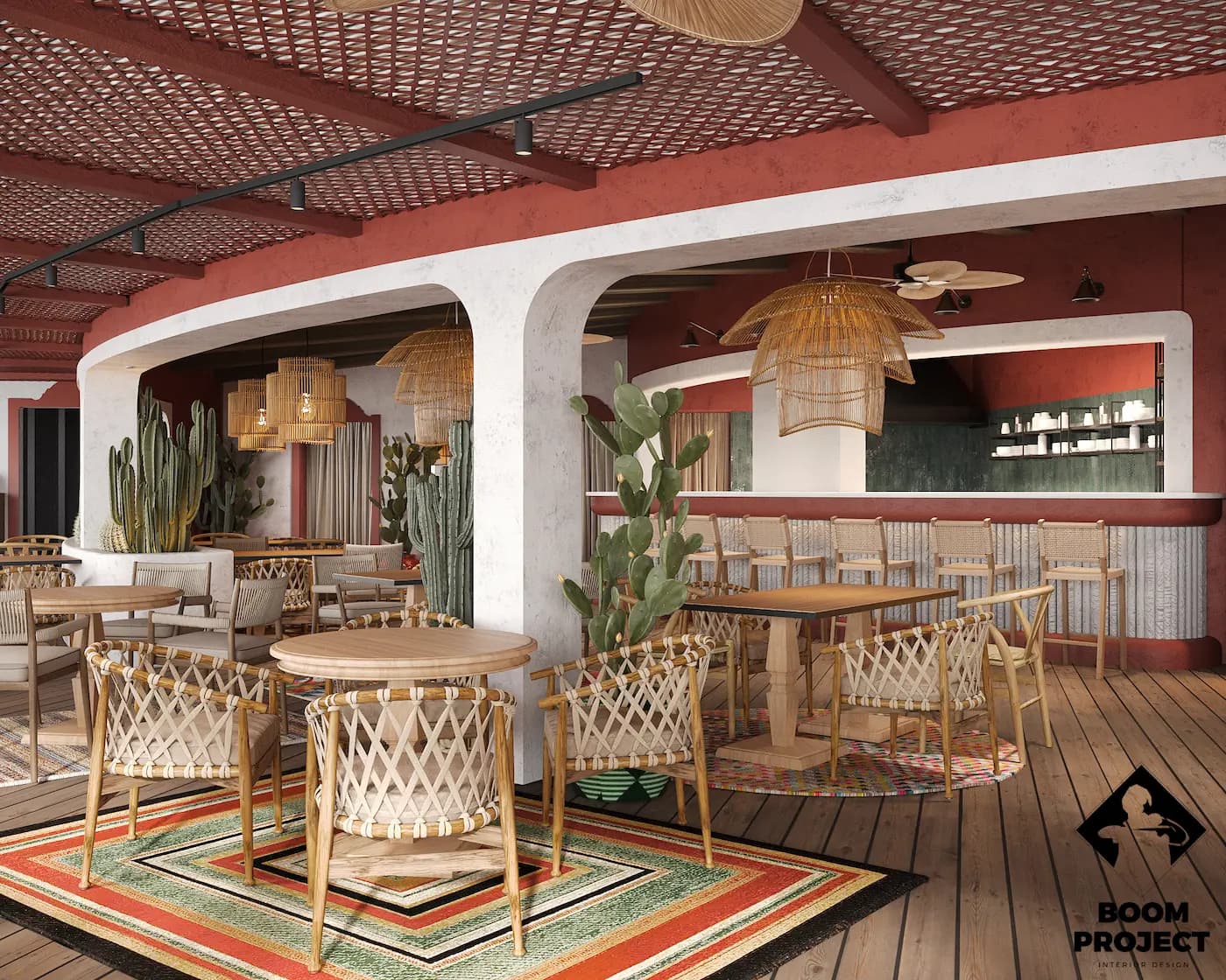 Dining area with pale woven chairs, rugs and striped upholstery
