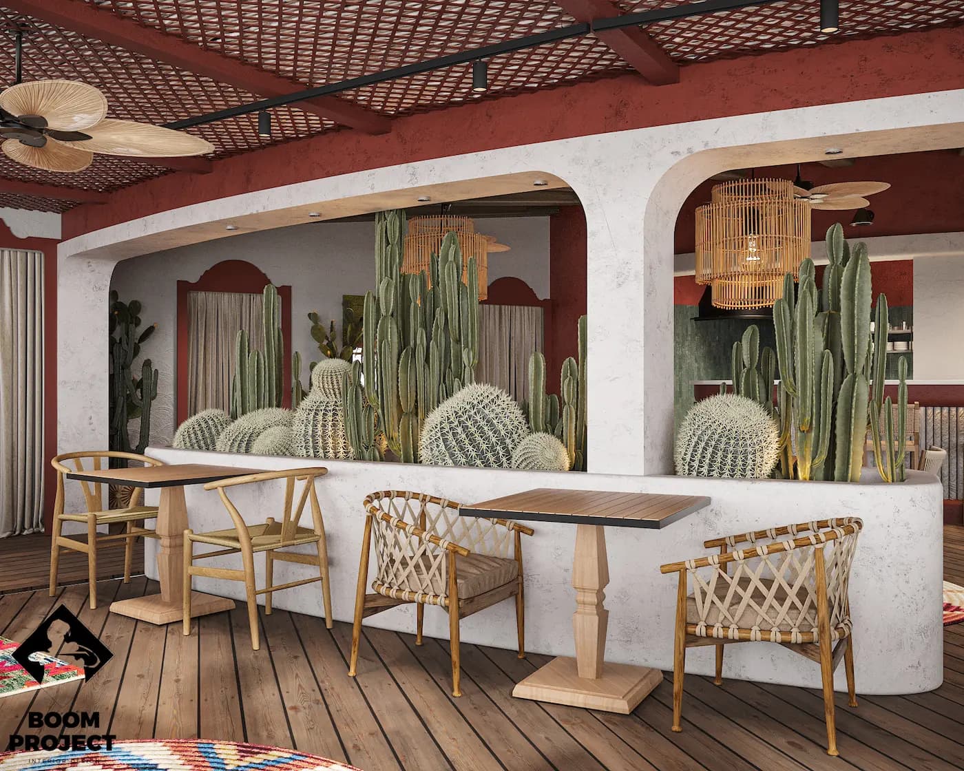 Open dining zone framed by textured plaster and timber details