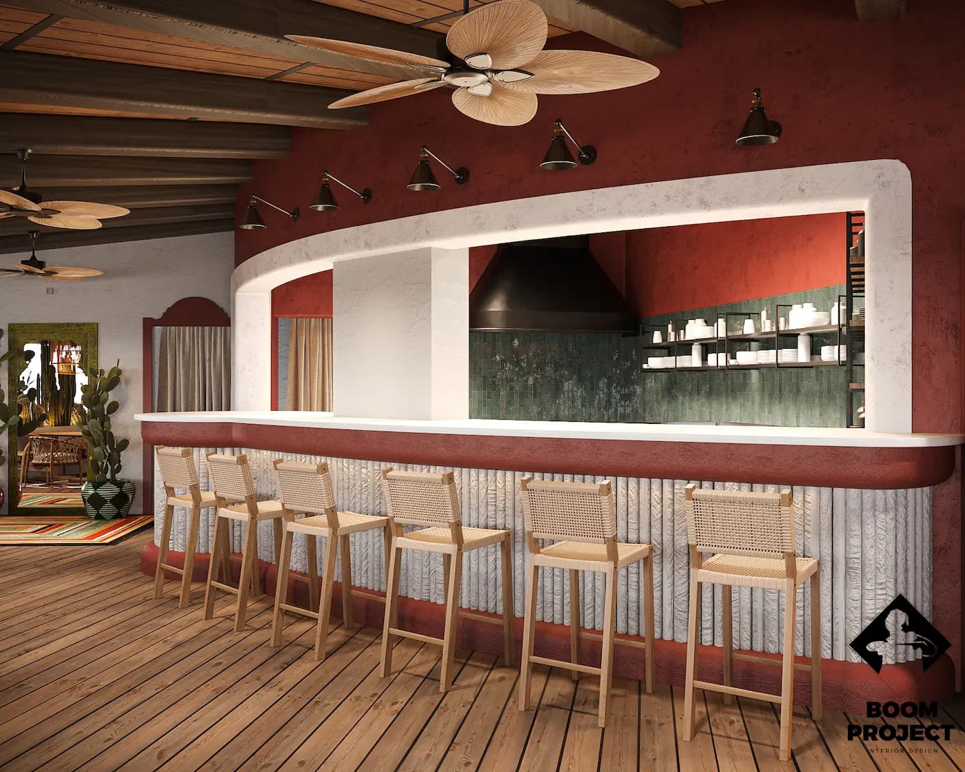 Bar counter with pale stools and warm handcrafted surfaces