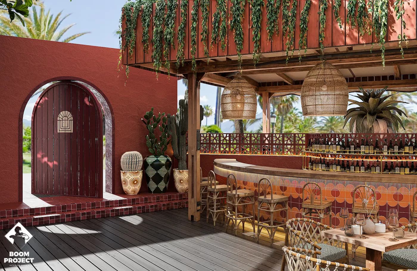 Decorative bar pavilion framed by timber slats and greenery