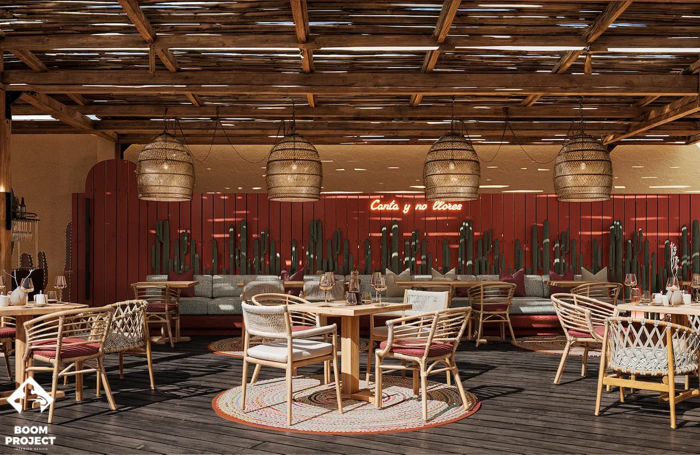 Covered dining area with timber beams, woven details and red curtains