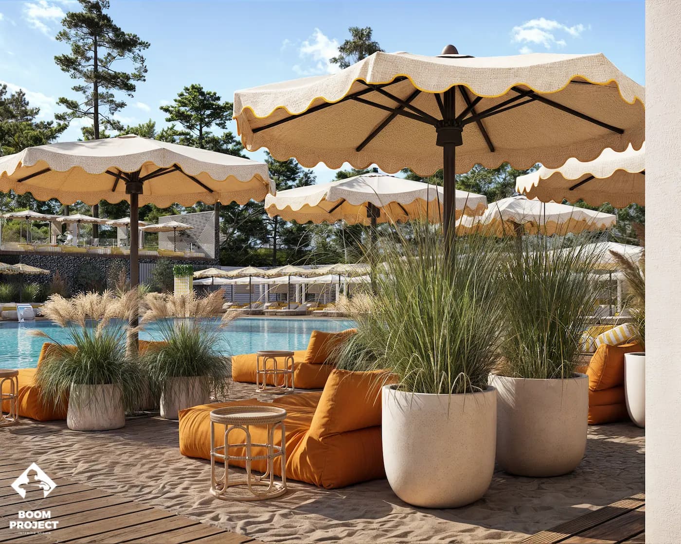 Harvest outdoor lounge with ochre seating, parasols and Mediterranean planting