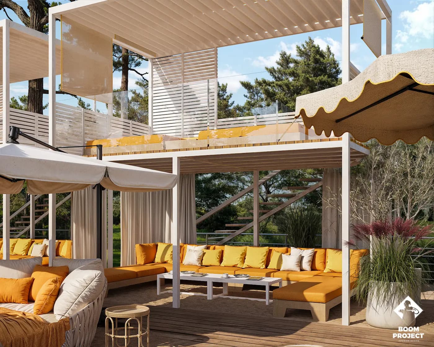 Covered beach restaurant terrace with timber furniture and striped awnings