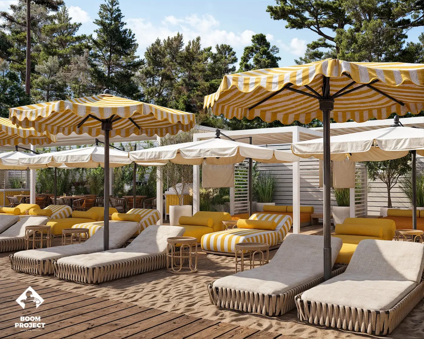 Poolside lounge with yellow daybeds and shaded seating