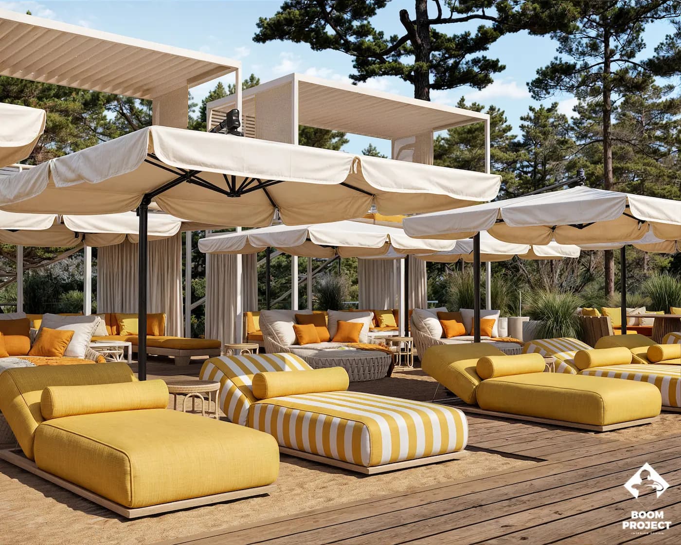 Open-air dining terrace with ochre seating beneath large parasols