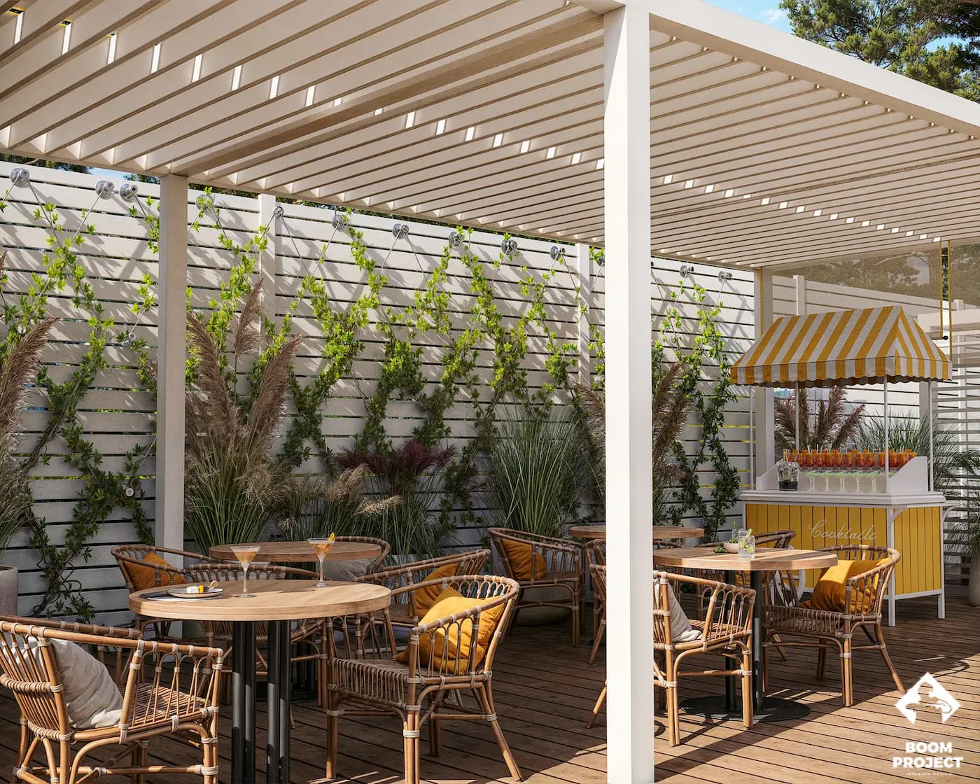 Restaurant terrace framed by perforated screens and climbing plants