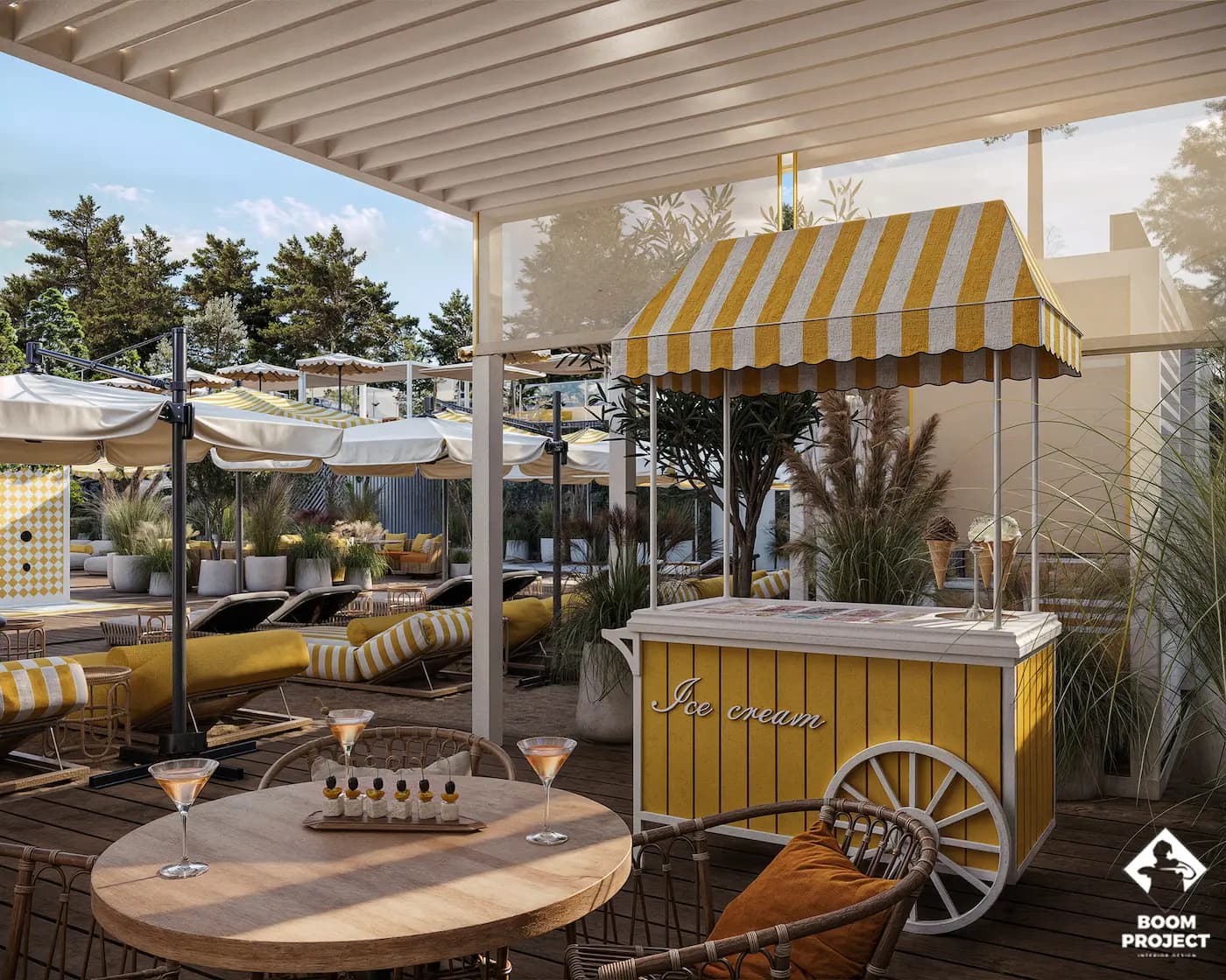 Mobile drinks cart with a striped canopy beside the pool