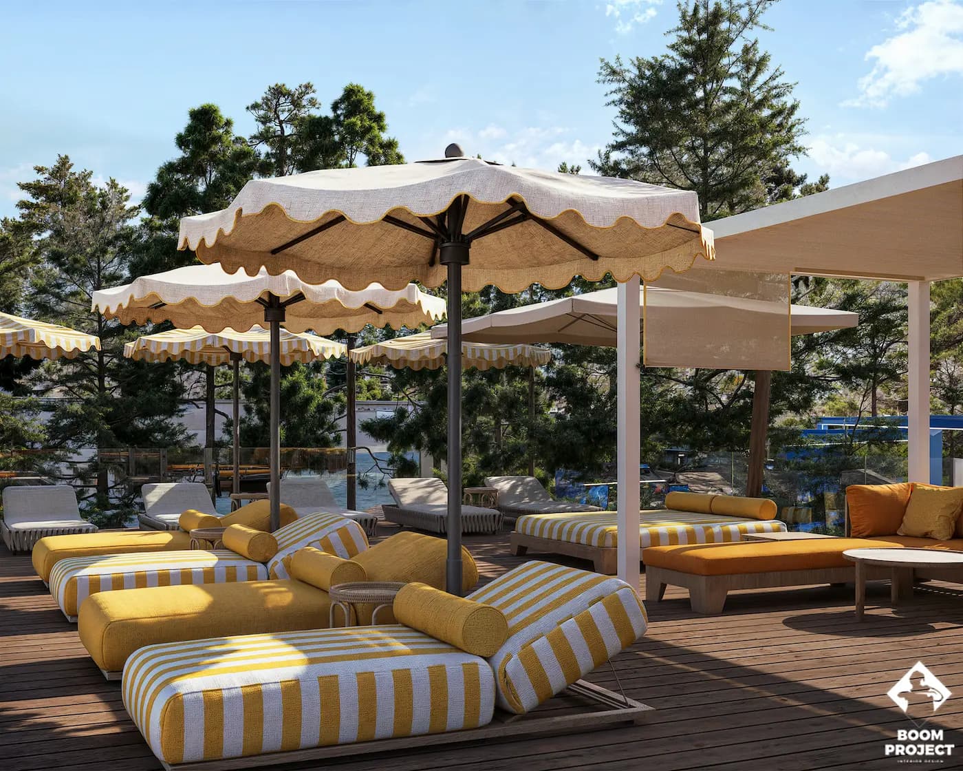 Poolside dining area with timber tables, parasols and yellow upholstery