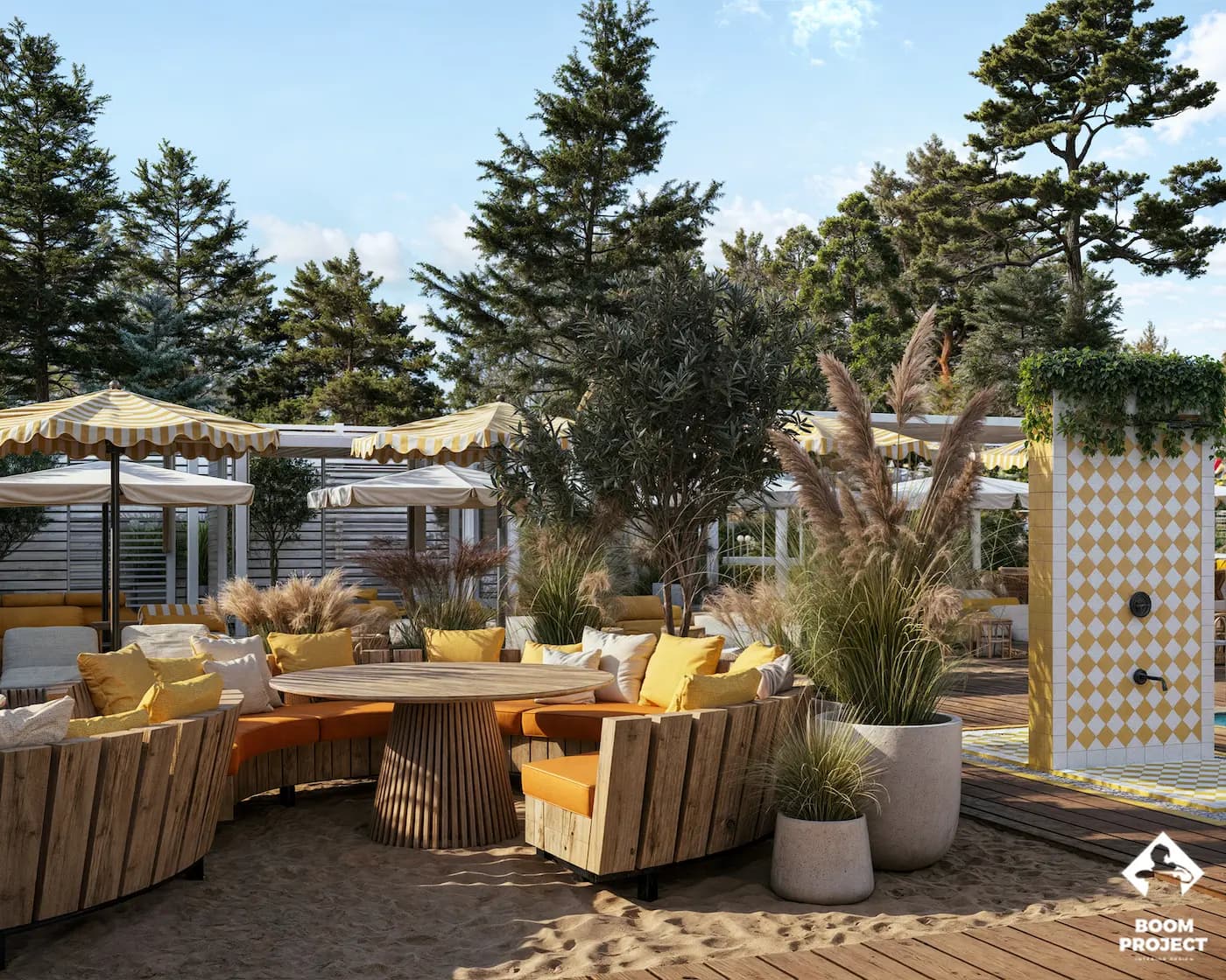 Outdoor lounge arranged around planters and mature trees