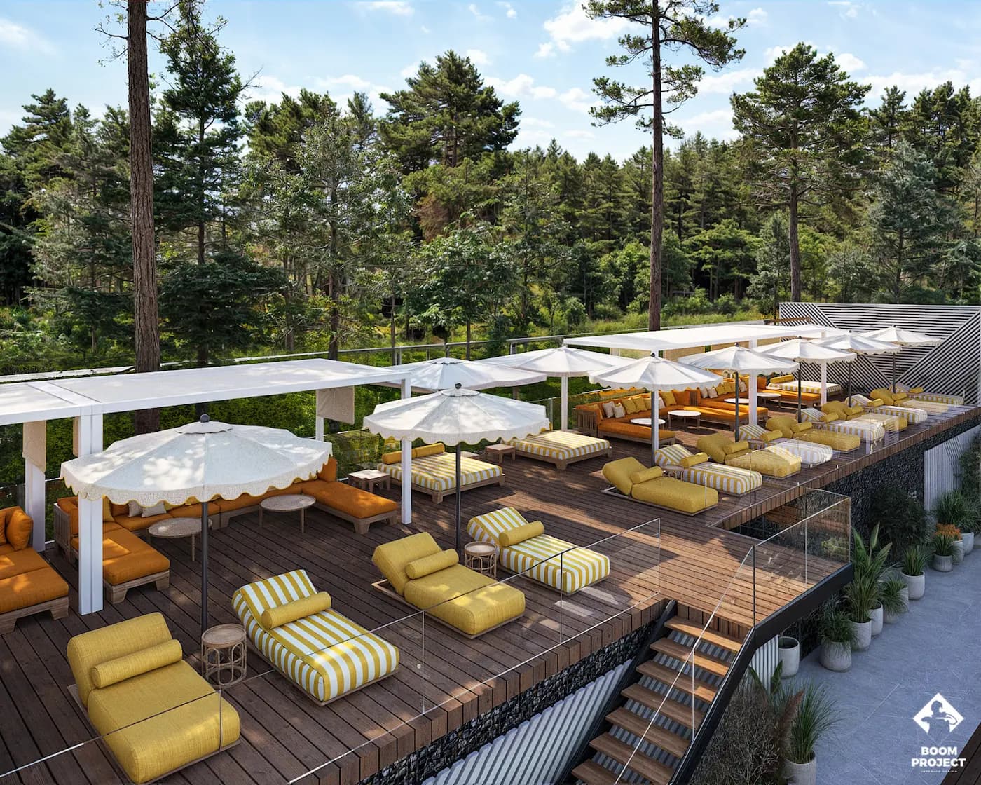 Elevated view across the poolside daybeds and shaded terraces