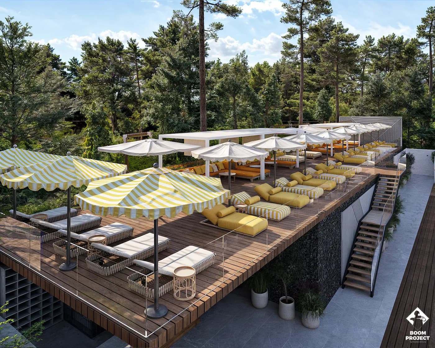Long communal dining table beneath a lightweight garden canopy