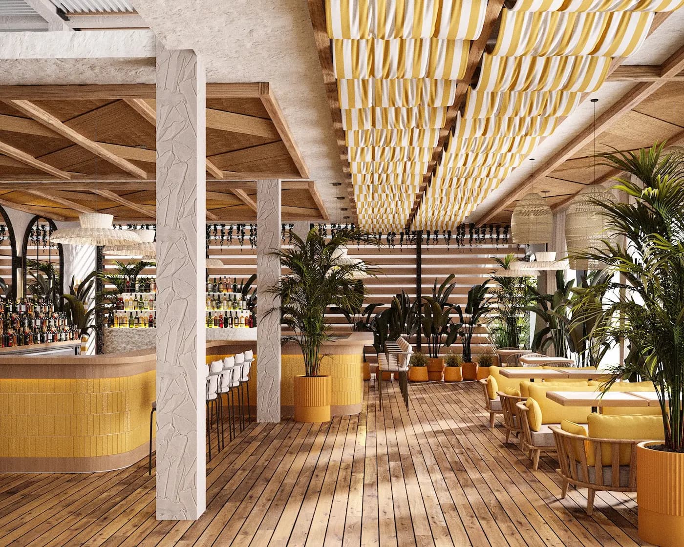 Covered restaurant terrace with timber ceiling and patterned floor