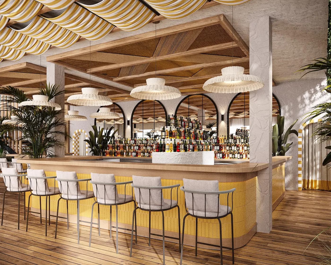 Curved bar counter with yellow stools beneath a woven ceiling