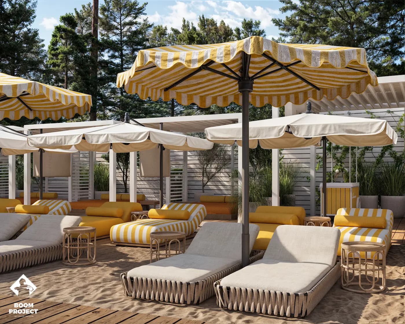 Poolside sun loungers facing the restaurant and shaded terraces