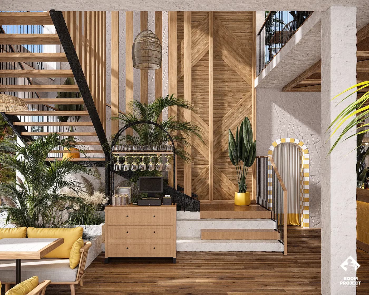 Entrance walkway framed by warm timber, planting and textured walls