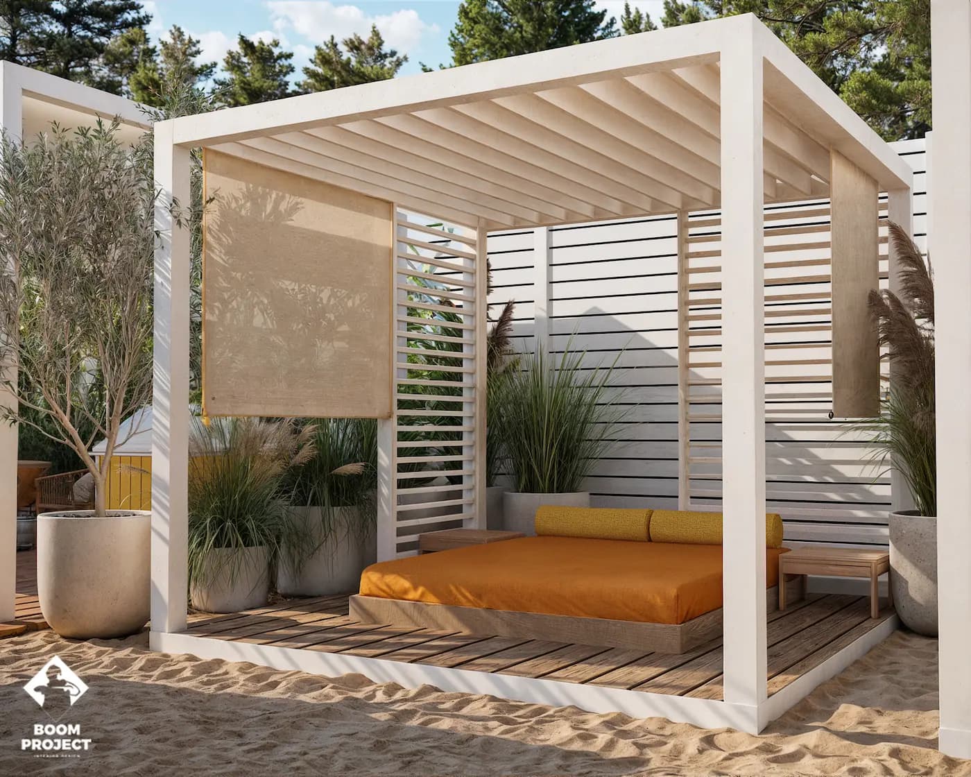 Private outdoor lounge enclosed by geometric perforated screens