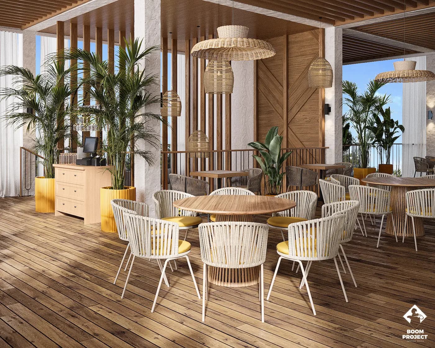 Dining terrace with timber furniture and layered natural textures
