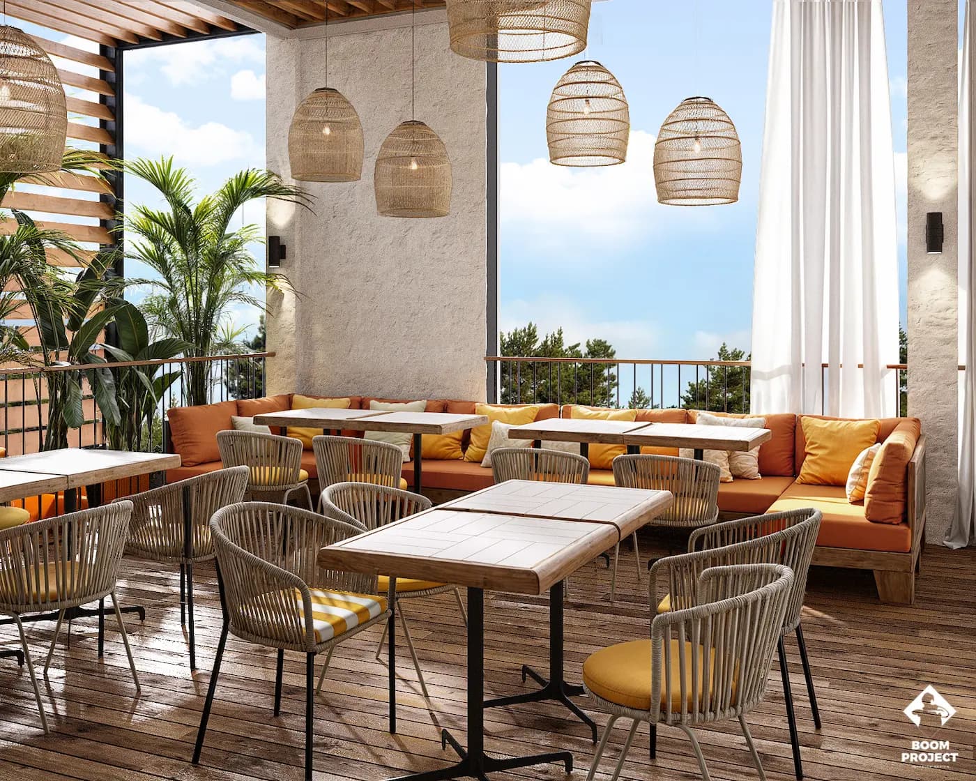 Bright restaurant interior with high windows and sculptural pendant lights