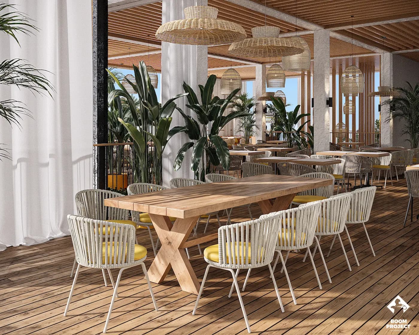Covered terrace with white seating and exposed timber structure
