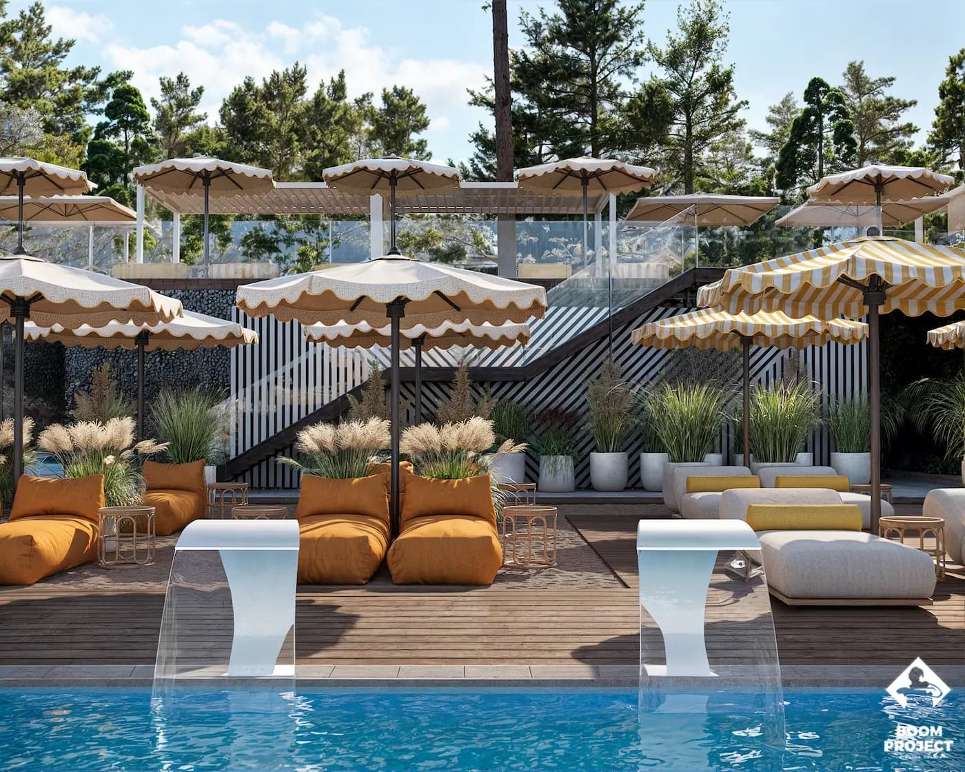 Swimming pool framed by daybeds, parasols and outdoor lounges