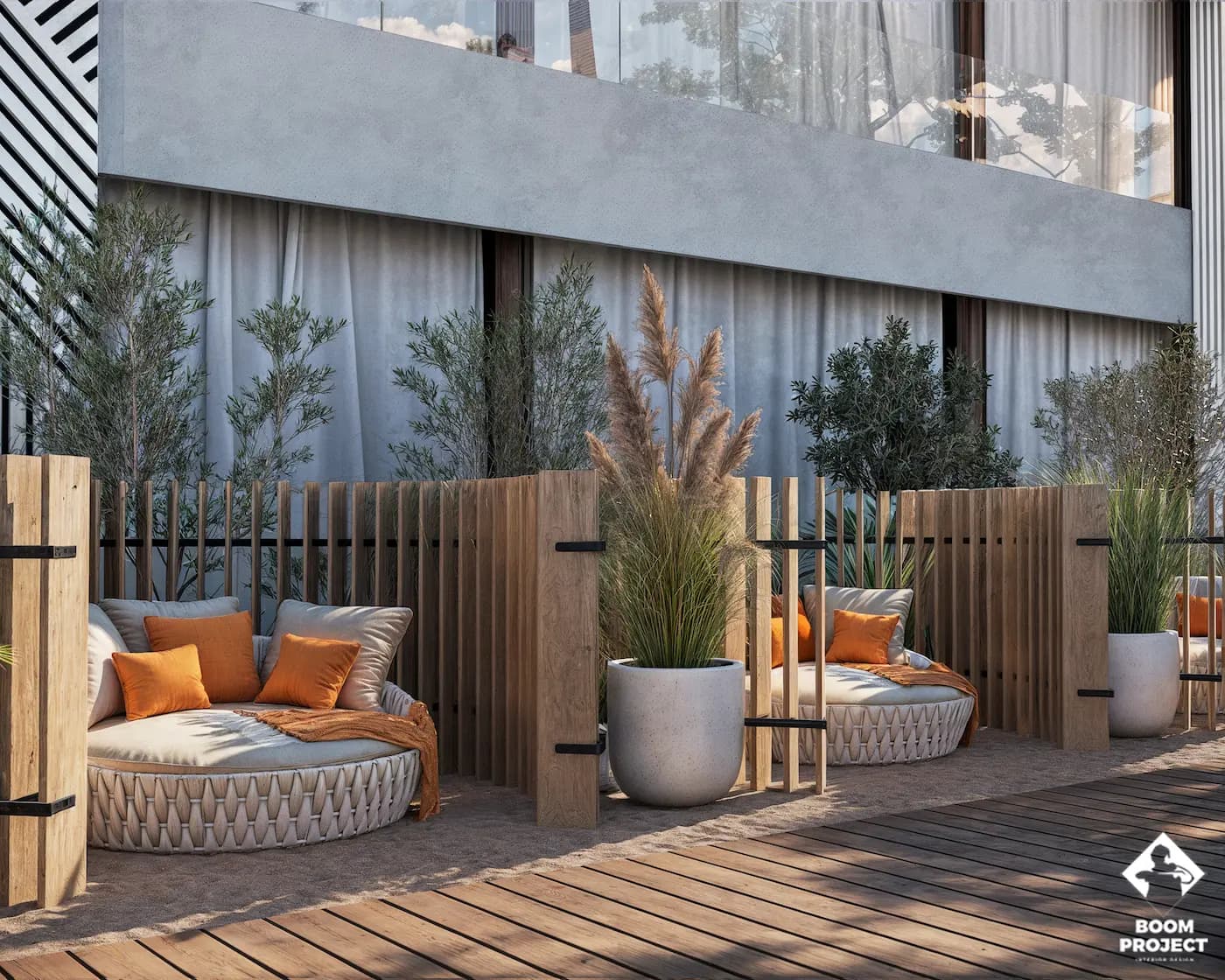 Exterior boundary with textured walls, planting and timber screens
