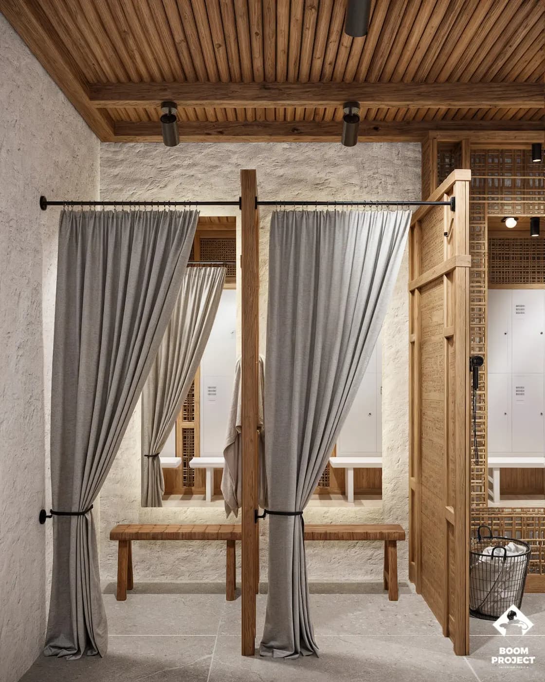 Restroom entrance with patterned curtains and timber screens
