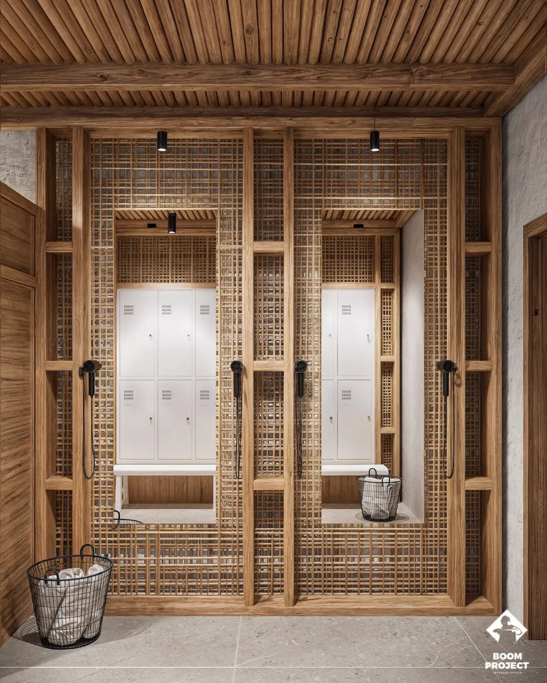Vanity area framed by decorative timber lattice panels